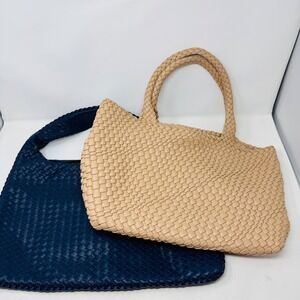 Bundle of 2 Woven Tote Bags Large Hobo Shoulder Tan Navy Faux Leather
